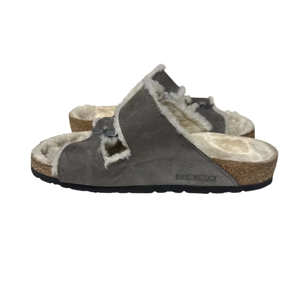 Birkenstock Arizona Shearling Sandals Womens 38 Gray Suede Double Strap Comfort